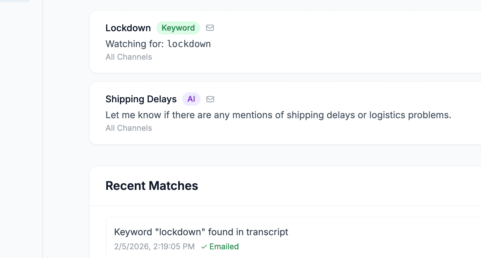 Alerts page showing keyword and AI alerts with recent matches
